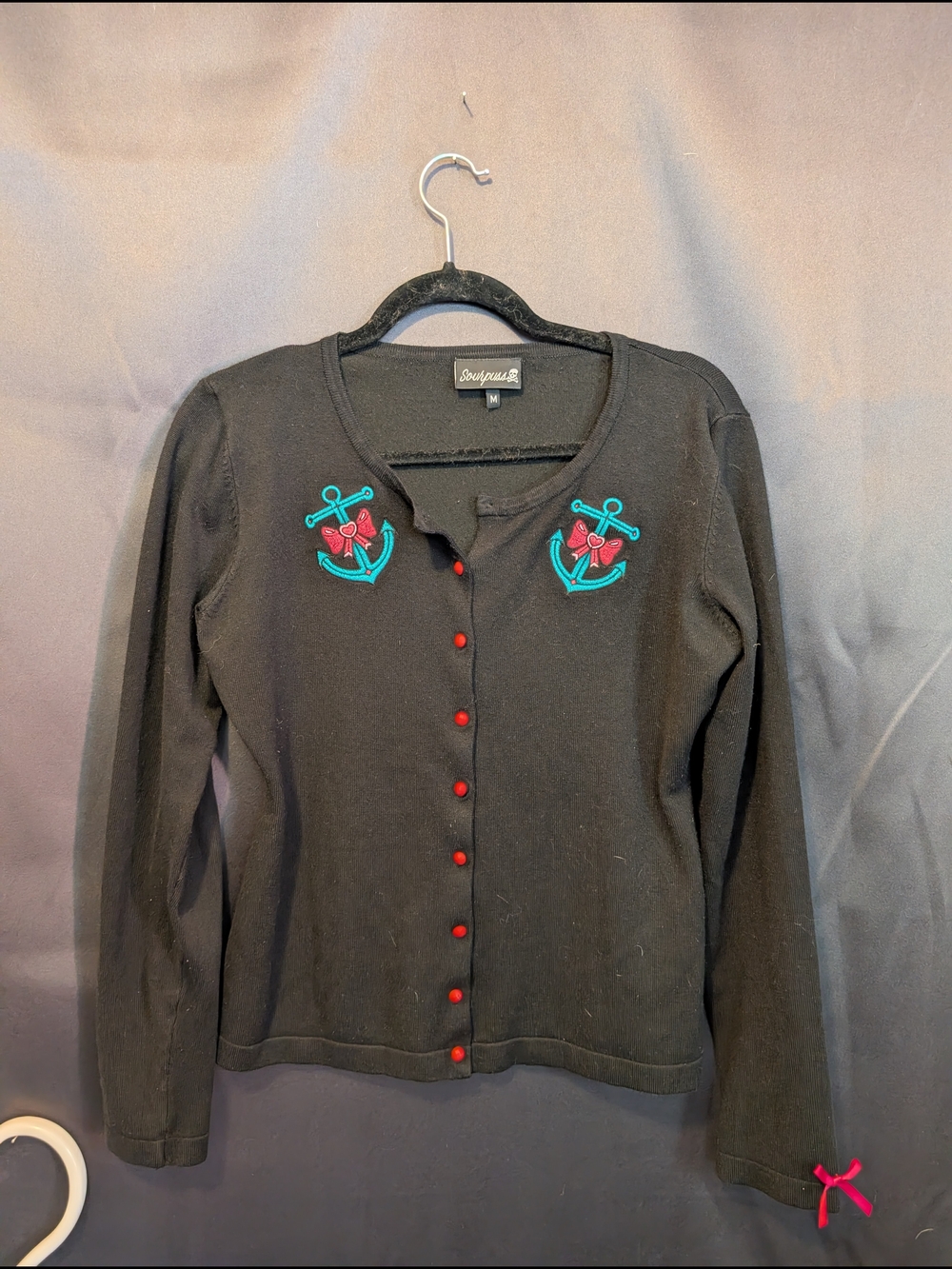 Black Cardigan Sweater with Anchor Embroidery - Black